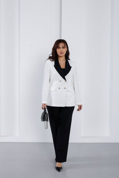 Wholesale Women’s Contrast Notch Lapel Tailored Suit Set Wide Leg Pants - Elitline - Elitlineglobal