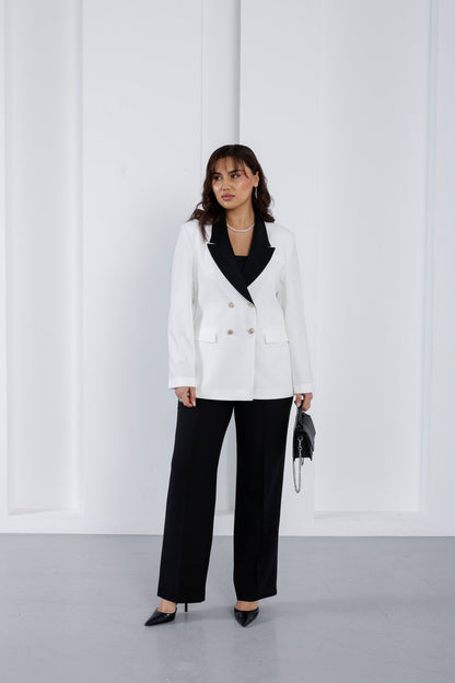 Wholesale Women’s Contrast Notch Lapel Tailored Suit Set Wide Leg Pants - Elitline - Elitlineglobal
