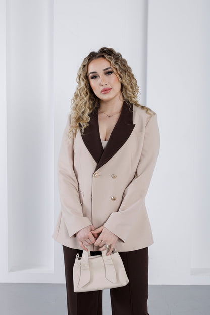 Wholesale Women’s Contrast Notch Lapel Tailored Suit Set Wide Leg Pants - Elitline - Elitlineglobal
