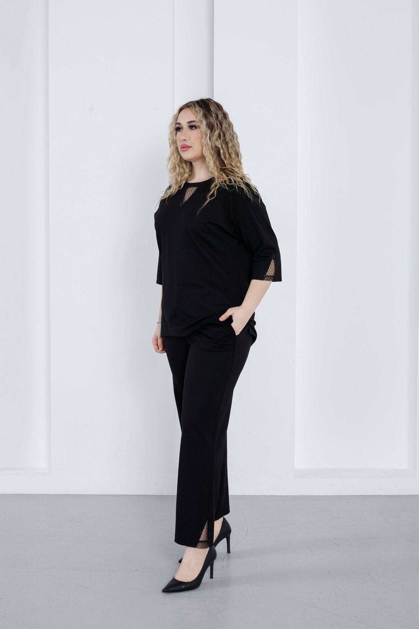 Wholesale Women’s Ponte Set Lace and Rhinestone Crystal Embellished V - Neck Top Pants - Elitline - Elitlineglobal