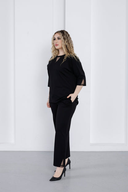 Wholesale Women’s Ponte Set Lace and Rhinestone Crystal Embellished V - Neck Top Pants - Elitline - Elitlineglobal