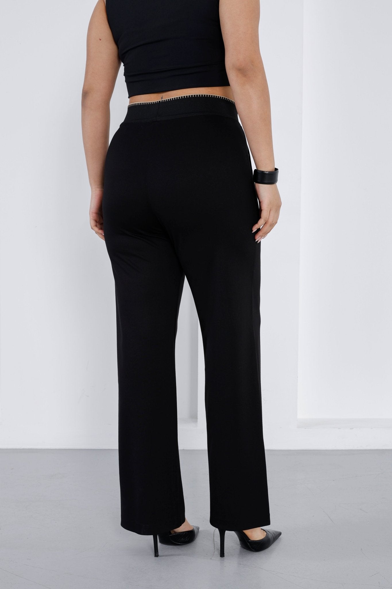Wholesale Gold embroidered ribbed waistband detail on luxury wholesale ponte pants - Elitline back