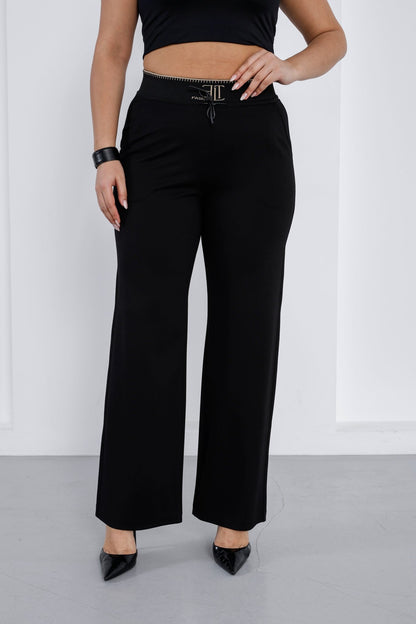 Wholesale Gold embroidered ribbed waistband detail on luxury wholesale ponte pants - Elitline front