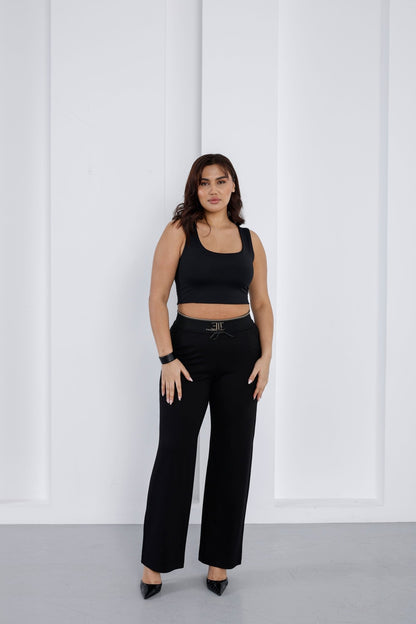 Wholesale Gold embroidered ribbed waistband detail on luxury wholesale ponte pants - Elitline front 2