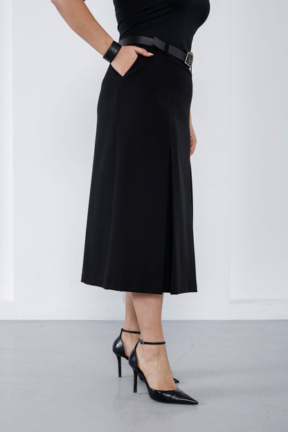 Premium A-line wholesale midi skirt for professional women's wear - Elitline Black Color Front View 2