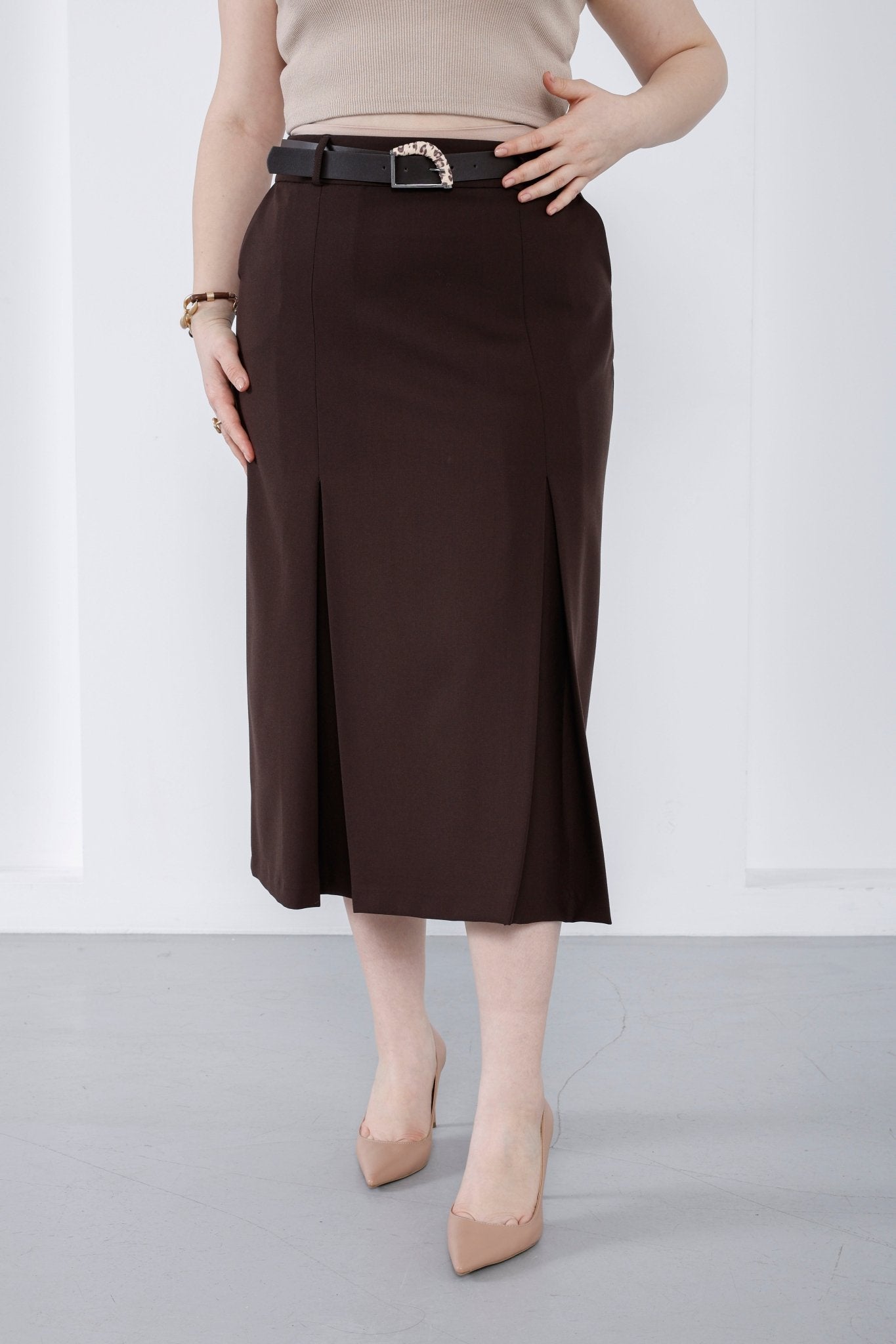 Texture/Belt Detail: Close-up of viscose blend fabric and decorative belt on luxury midi skirt - Elitline Fron View 2