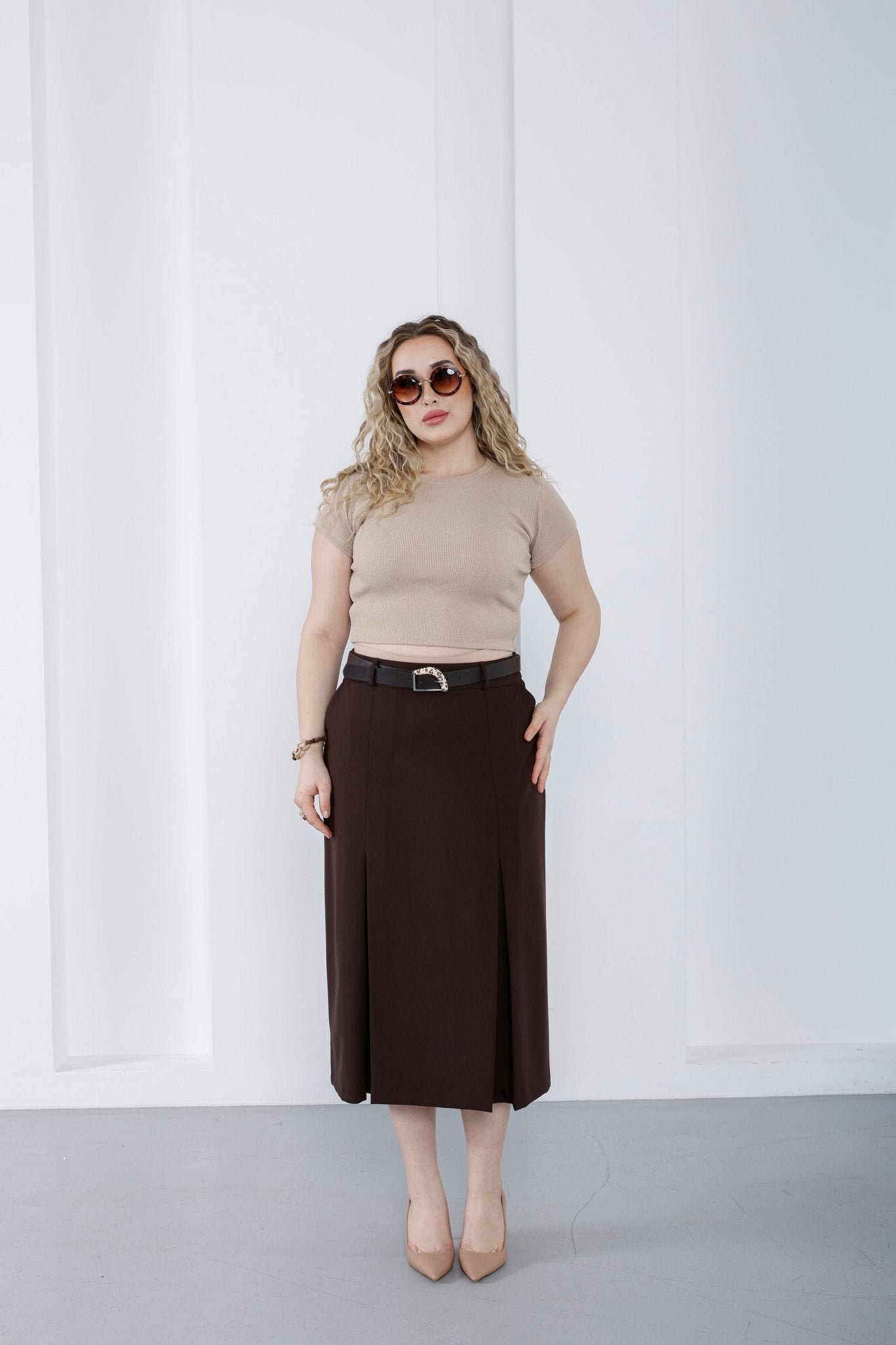 Wholesale women's high waist viscose blend midi skirt with belt - Elitline Brown Color Front View 2
