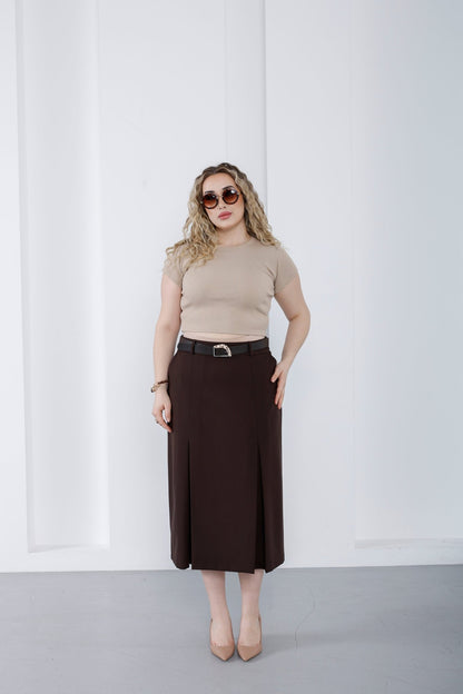 Wholesale women's high waist viscose blend midi skirt with belt - Elitline Brown Color Front View 2