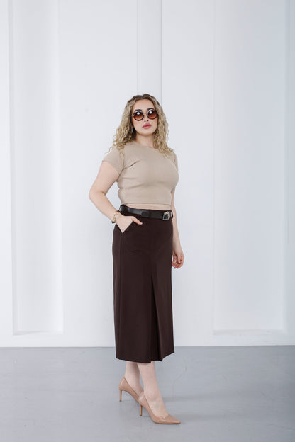 Wholesale women's high waist viscose blend midi skirt with belt - Elitline Brown Color Front View 1
