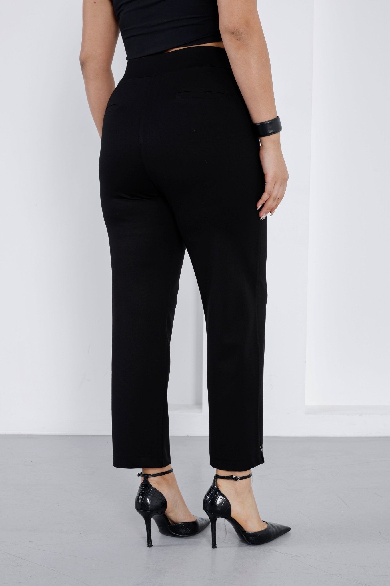 Elitline Wholesale Women’s High - Rise Ponte Pants Crystal Embellished Waist & Slit Hem Detail - Elitlineglobal