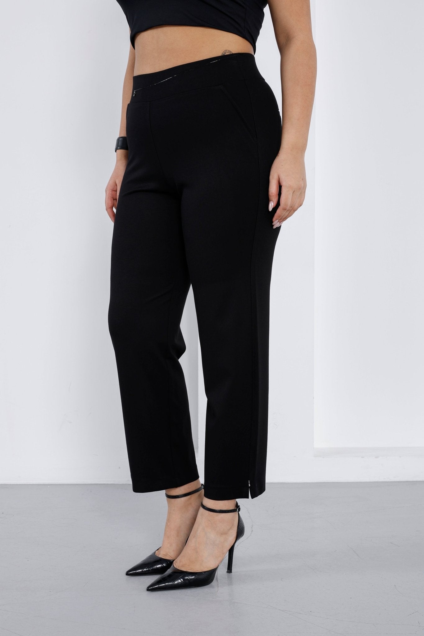 Elitline Wholesale Women’s High - Rise Ponte Pants Crystal Embellished Waist & Slit Hem Detail - Elitlineglobal
