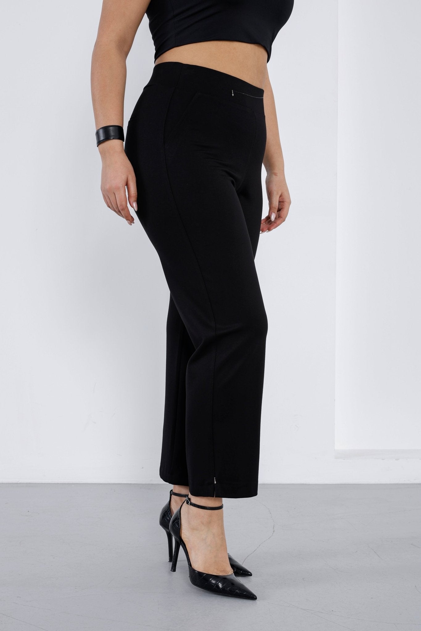 Elitline Wholesale Women’s High - Rise Ponte Pants Crystal Embellished Waist & Slit Hem Detail - Elitlineglobal