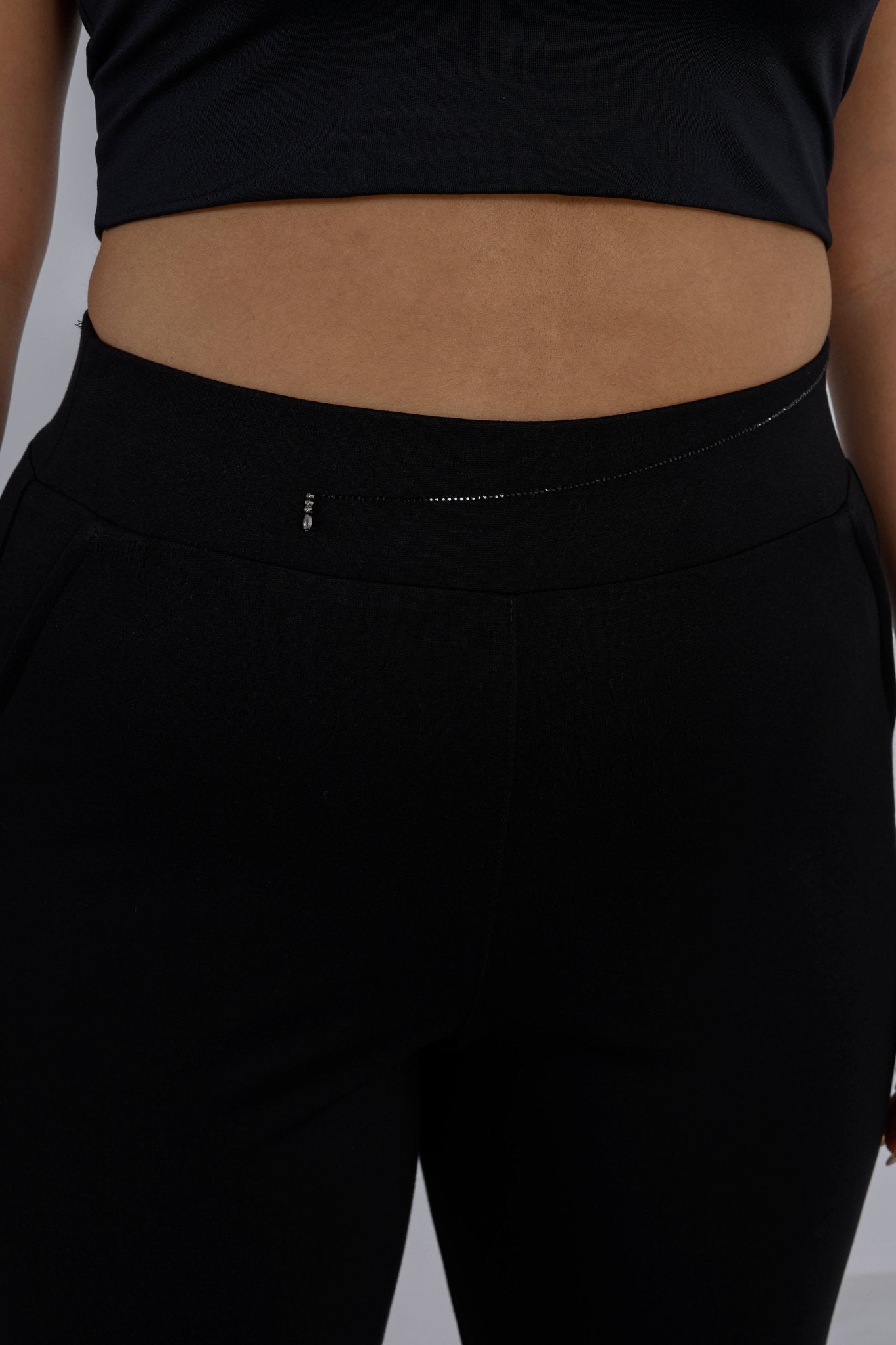 Elitline Wholesale Women’s High - Rise Ponte Pants Crystal Embellished Waist & Slit Hem Detail - Elitlineglobal