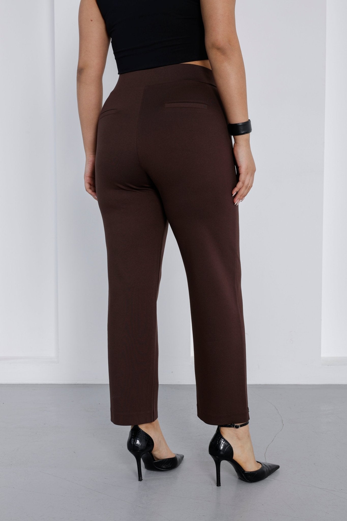 Wholesale luxury women's high-rise ponte pants with crystal waist detail - Elitline Brown back