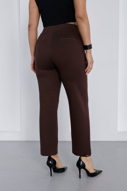 Wholesale luxury women's high-rise ponte pants with crystal waist detail - Elitline Brown back
