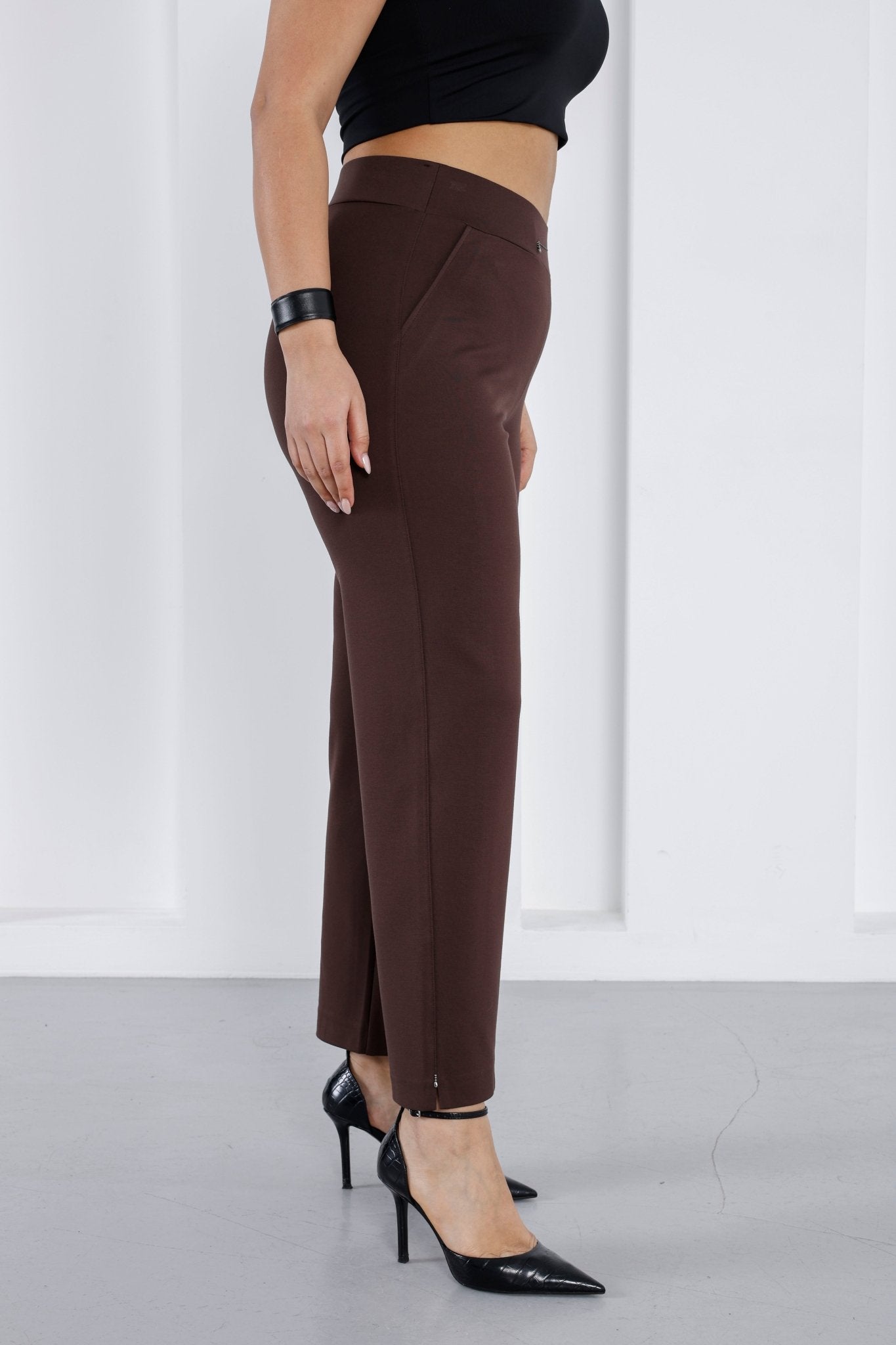 Wholesale luxury women's high-rise ponte pants with crystal waist detail - Elitline Brown details on leg