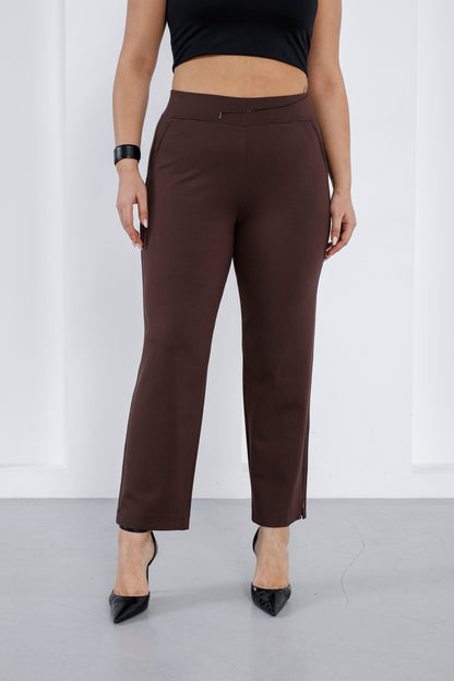 Wholesale luxury women's high-rise ponte pants with crystal waist detail - Elitline Brown front