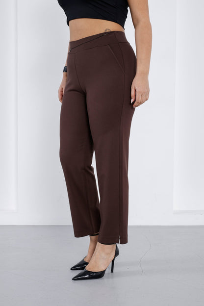 Wholesale luxury women's high-rise ponte pants with crystal waist detail - Elitline Brown fron view