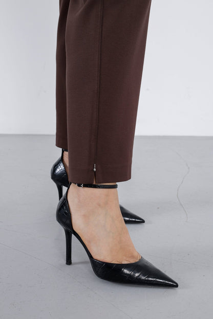 Wholesale luxury women's high-rise ponte pants with crystal waist detail - Elitline Brown details on legs