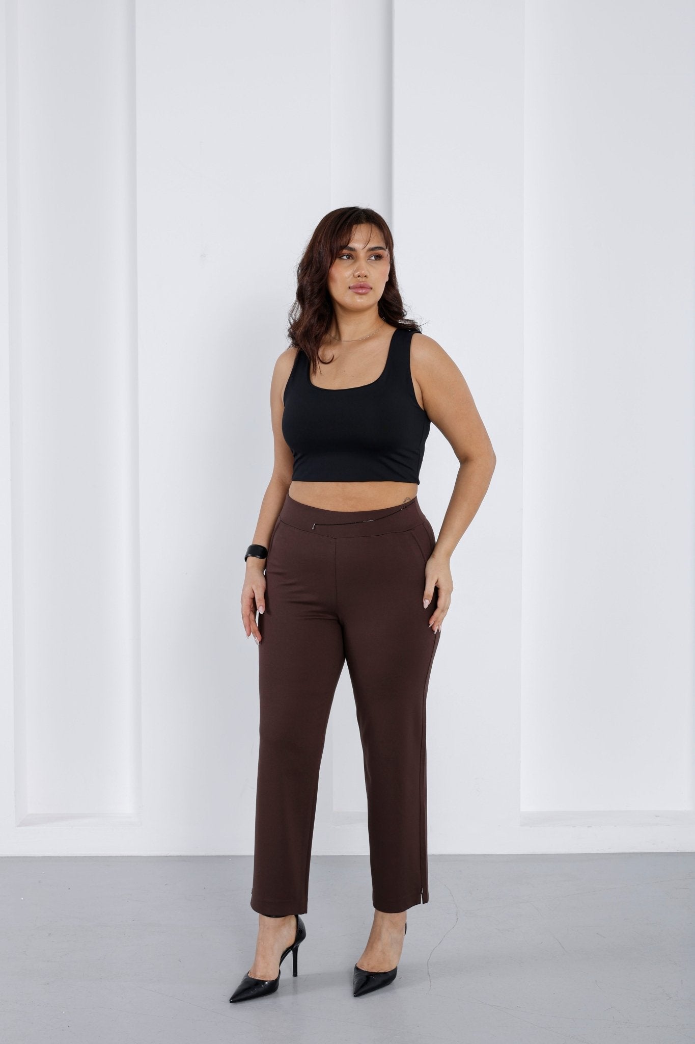 Wholesale luxury women's high-rise ponte pants with crystal waist detail - Elitline Brown details front