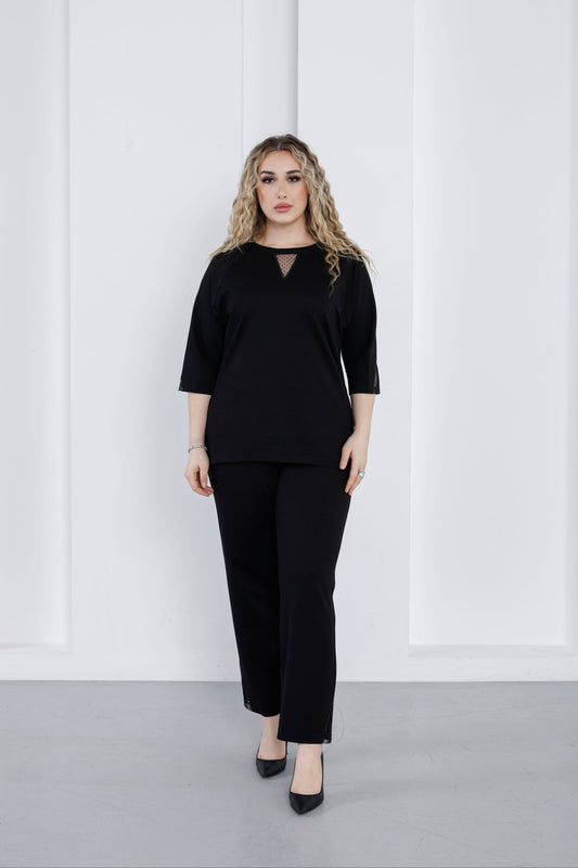 Wholesale Women’s Ponte Set Lace and Rhinestone Crystal Embellished V - Neck Top Pants - Elitline - Elitlineglobal