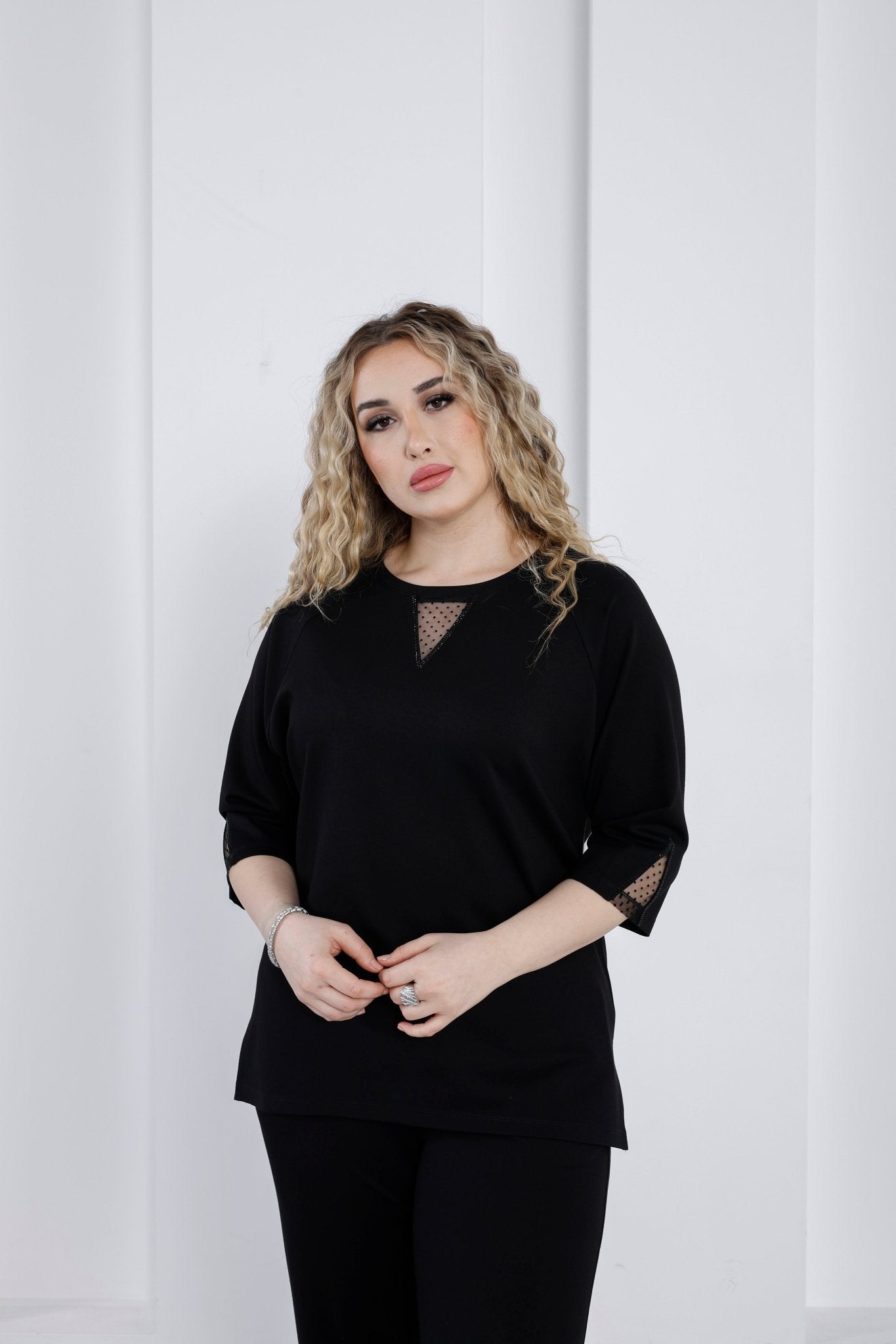 Wholesale Women’s Ponte Set Lace and Rhinestone Crystal Embellished V - Neck Top Pants - Elitline - Elitlineglobal