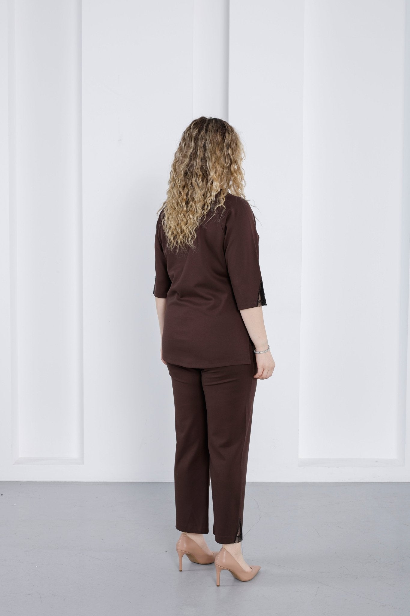 Wholesale Women’s Ponte Set Lace and Rhinestone Crystal Embellished V - Neck Top Pants - Elitline - Elitlineglobal