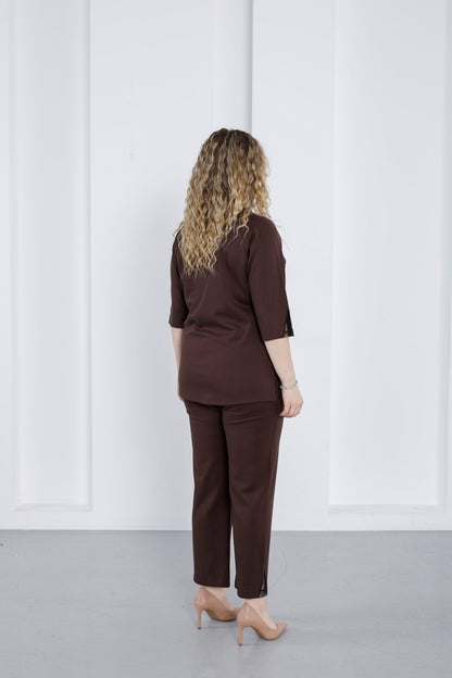 Wholesale Women’s Ponte Set Lace and Rhinestone Crystal Embellished V - Neck Top Pants - Elitline - Elitlineglobal