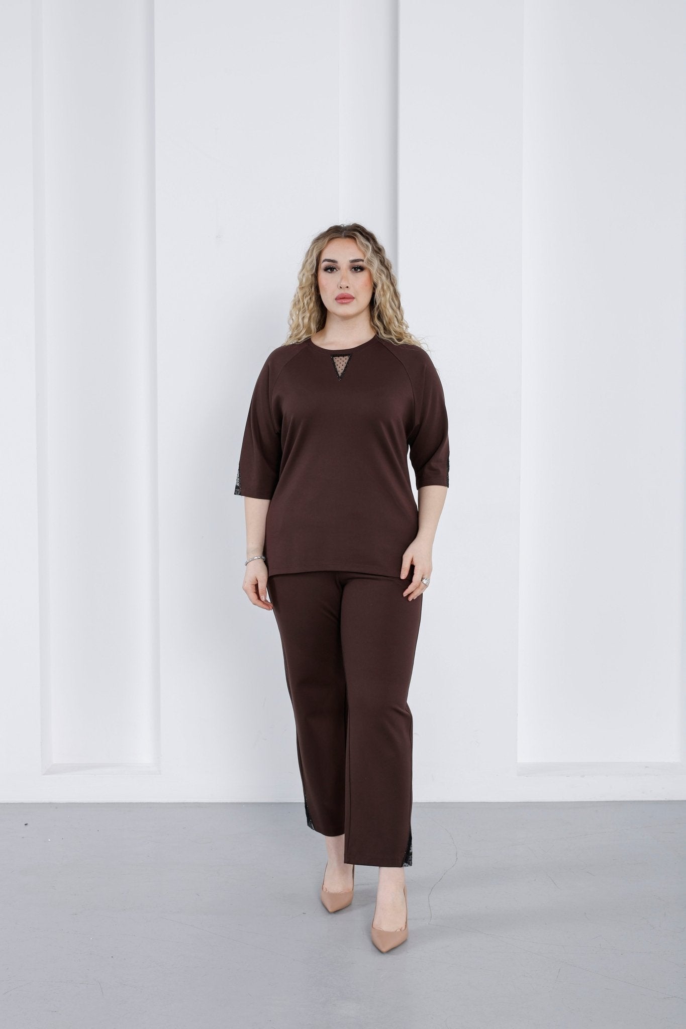 Wholesale Women’s Ponte Set Lace and Rhinestone Crystal Embellished V - Neck Top Pants - Elitline - Elitlineglobal