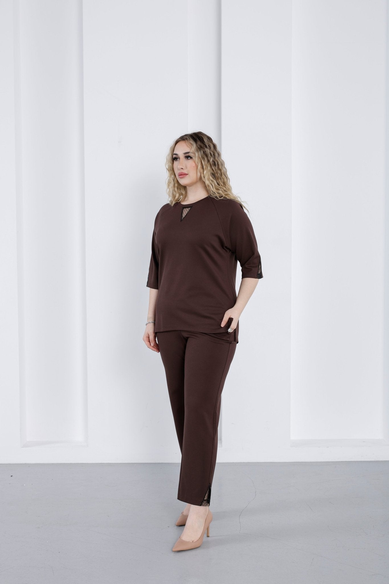 Wholesale Women’s Ponte Set Lace and Rhinestone Crystal Embellished V - Neck Top Pants - Elitline - Elitlineglobal