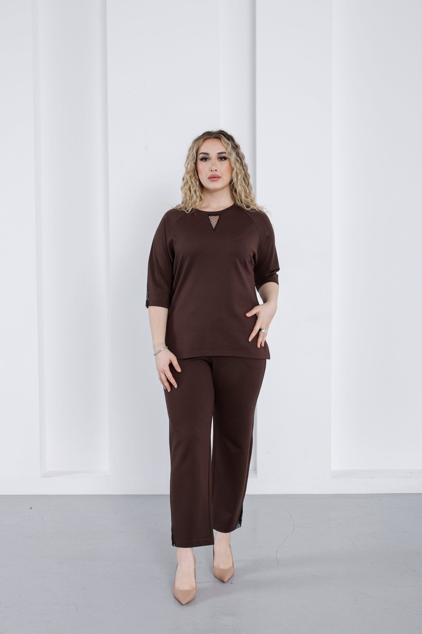 Wholesale Women’s Ponte Set Lace and Rhinestone Crystal Embellished V - Neck Top Pants - Elitline - Elitlineglobal