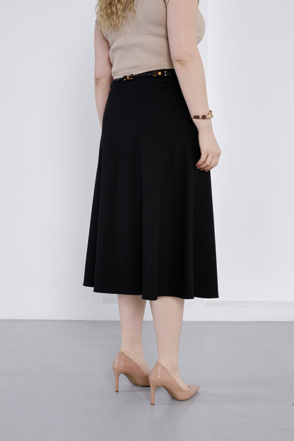 Wholesale Women's High-Rise Ponte Midi Skirt with Slim Belt - Elitline Dark Black Color back view
