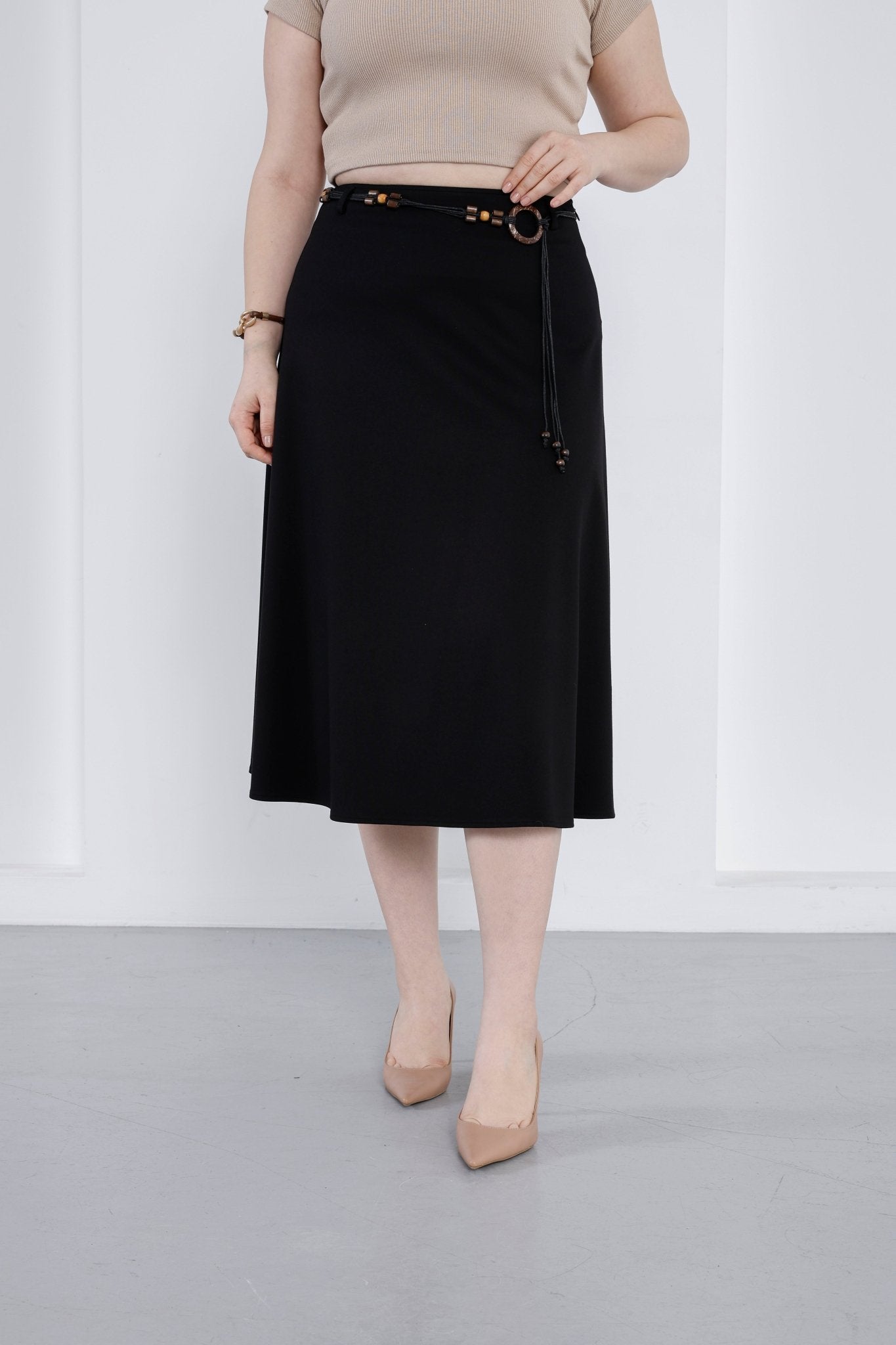 Wholesale Women's High-Rise Ponte Midi Skirt with Slim Belt - Elitline Dark Black Color Front View of skirt 3