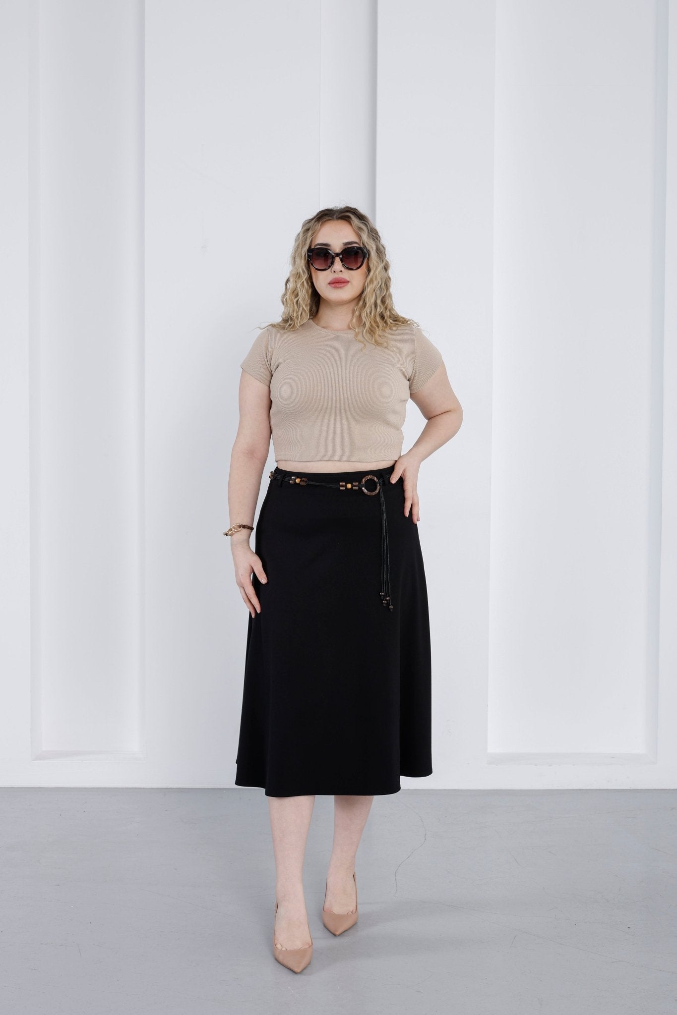 Wholesale Women's High-Rise Ponte Midi Skirt with Slim Belt - Elitline Dark Black Color Front View 1