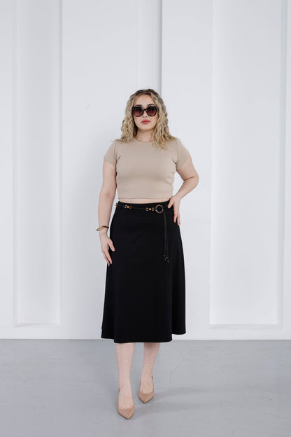 Wholesale Women's High-Rise Ponte Midi Skirt with Slim Belt - Elitline Dark Black Color Front View 1