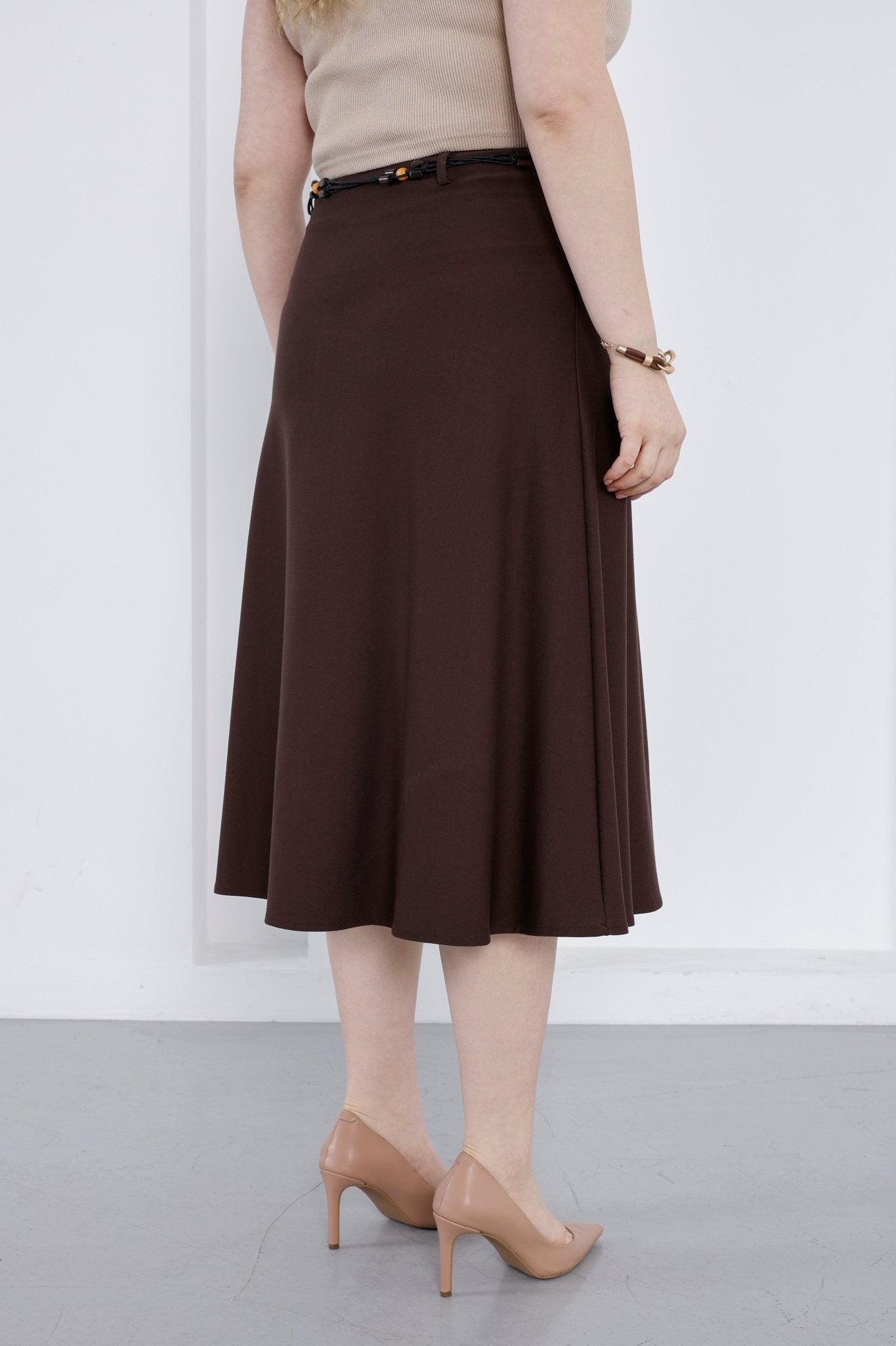 Wholesale Women's High-Rise Ponte Midi Skirt with Slim Belt - Elitline Dark Brown Color back View 