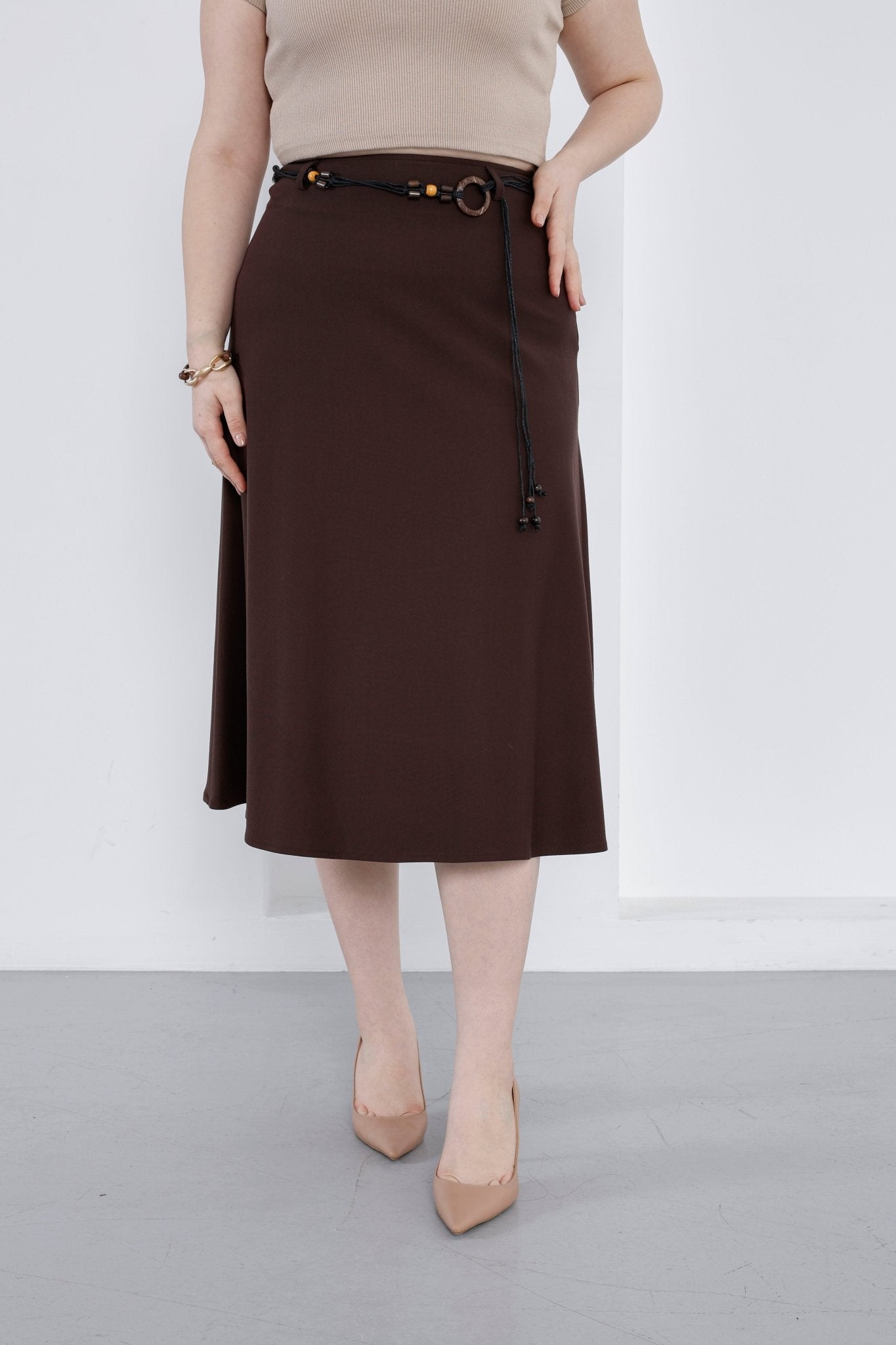Wholesale Women's High-Rise Ponte Midi Skirt with Slim Belt - Elitline Dark Brown Color Front View of skirt 2