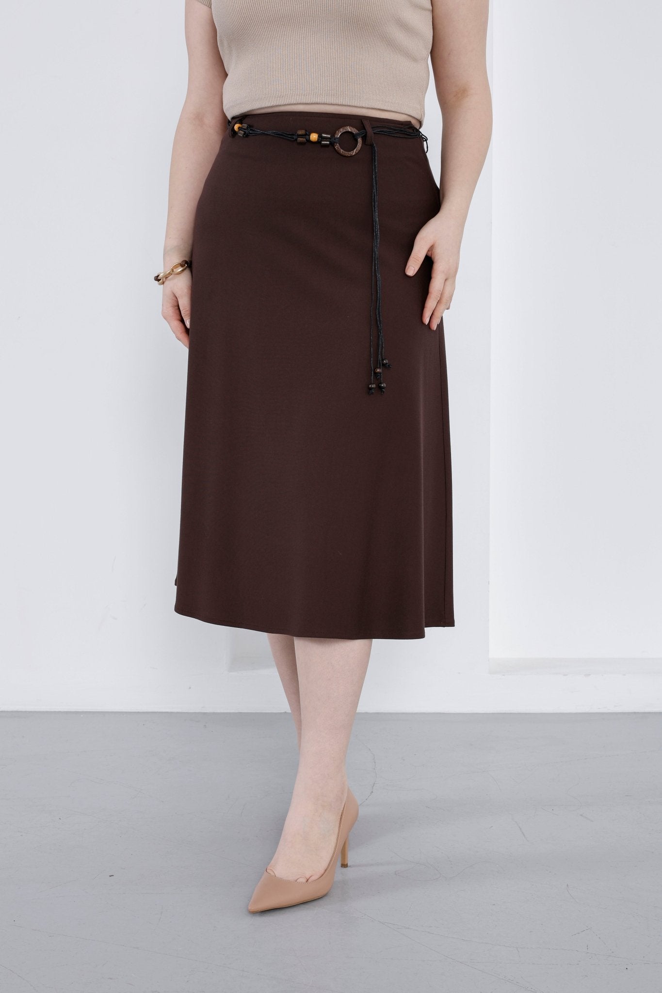 Wholesale Women's High-Rise Ponte Midi Skirt with Slim Belt - Elitline Dark Brown Color Front View of skirt