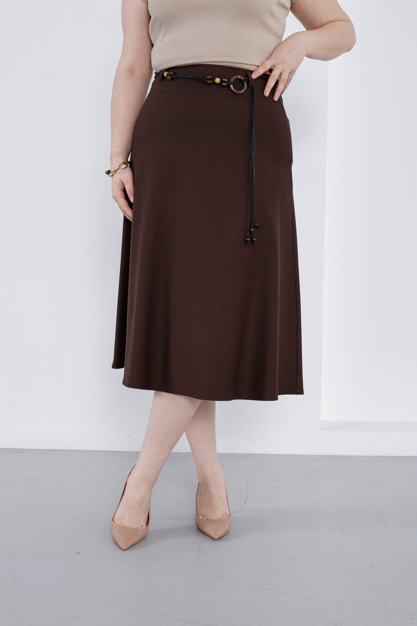 Wholesale Women's High-Rise Ponte Midi Skirt with Slim Belt - Elitline Dark Brown Color Front View 3