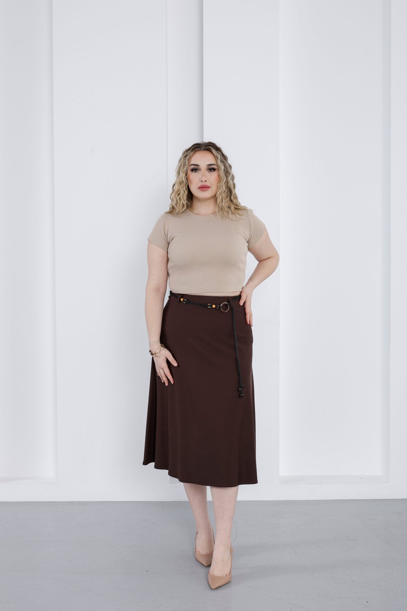 Wholesale Women's High-Rise Ponte Midi Skirt with Slim Belt - Elitline Dark Brown Color Front View 2