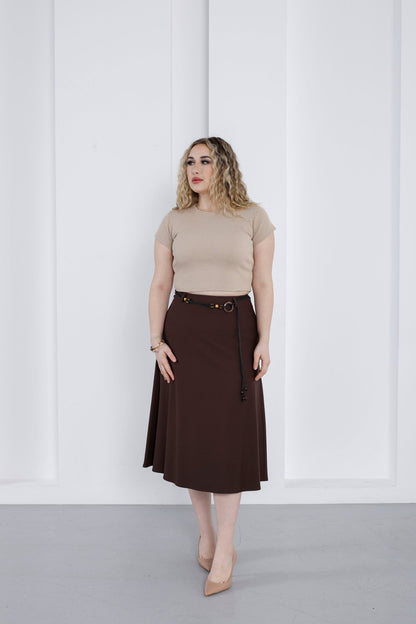 Wholesale Women's High-Rise Ponte Midi Skirt with Slim Belt - Elitline Dark Brown Color Front View 1