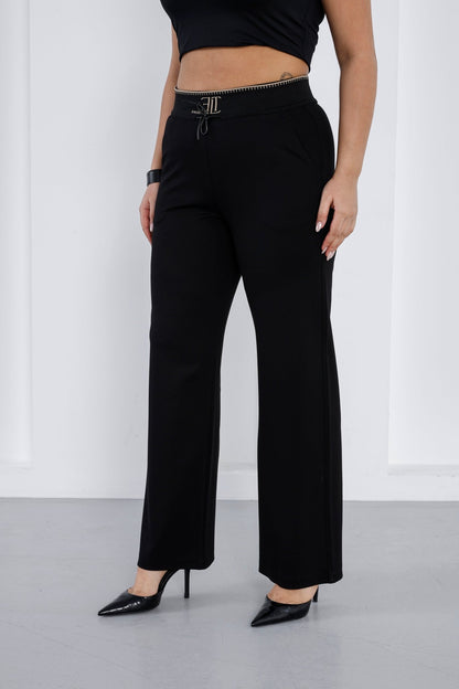 Wholesale Gold embroidered ribbed waistband detail on luxury wholesale ponte pants - Elitline front 4