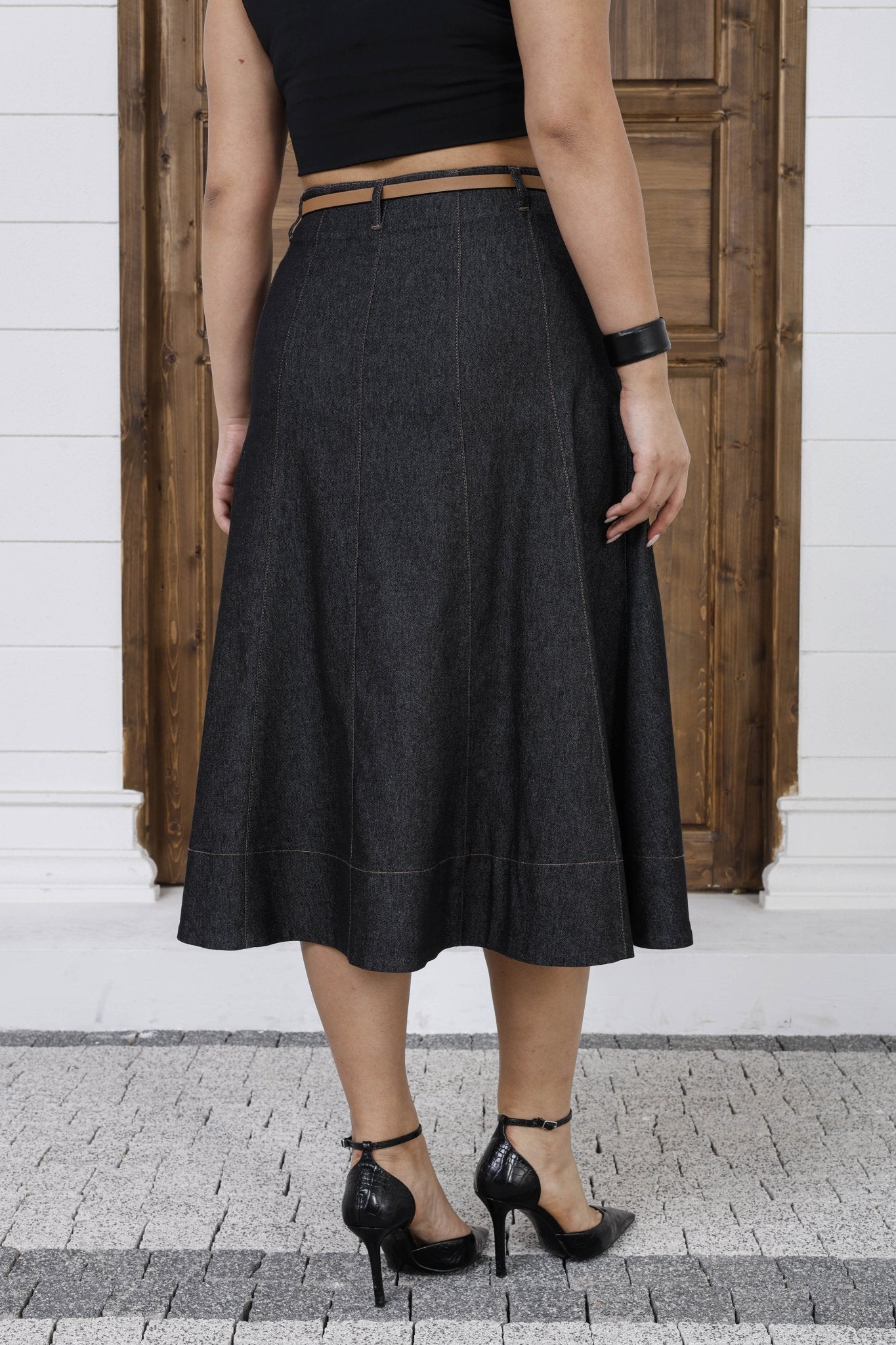 Wholesale Women's A-Line Button-Front Midi Skirt with Belt - Elitline Black Color Back 