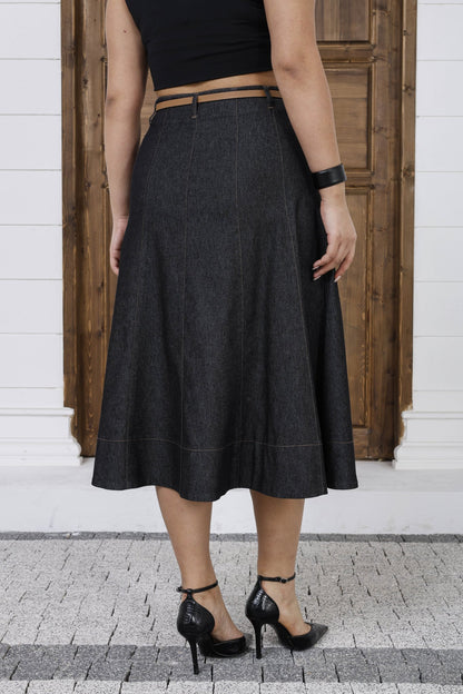 Wholesale Women's A-Line Button-Front Midi Skirt with Belt - Elitline Black Color Back 