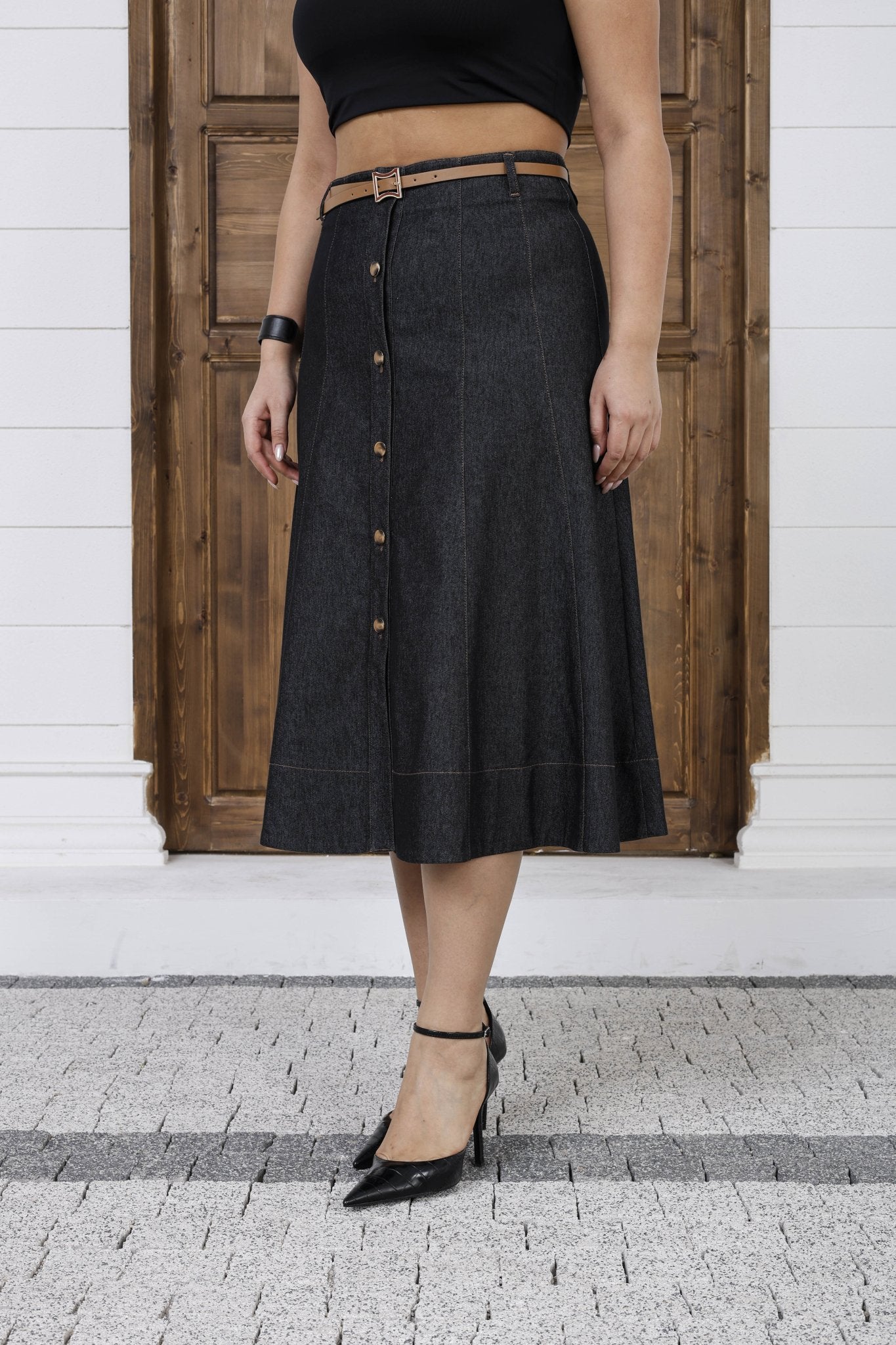 Wholesale Women's A - Line Button - Front Midi Skirt with Belt - Elitline - Elitlineglobal