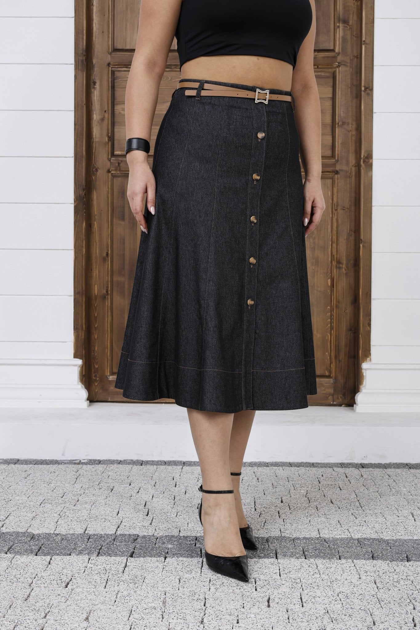 Wholesale Women's A - Line Button - Front Midi Skirt with Belt - Elitline - Elitlineglobal