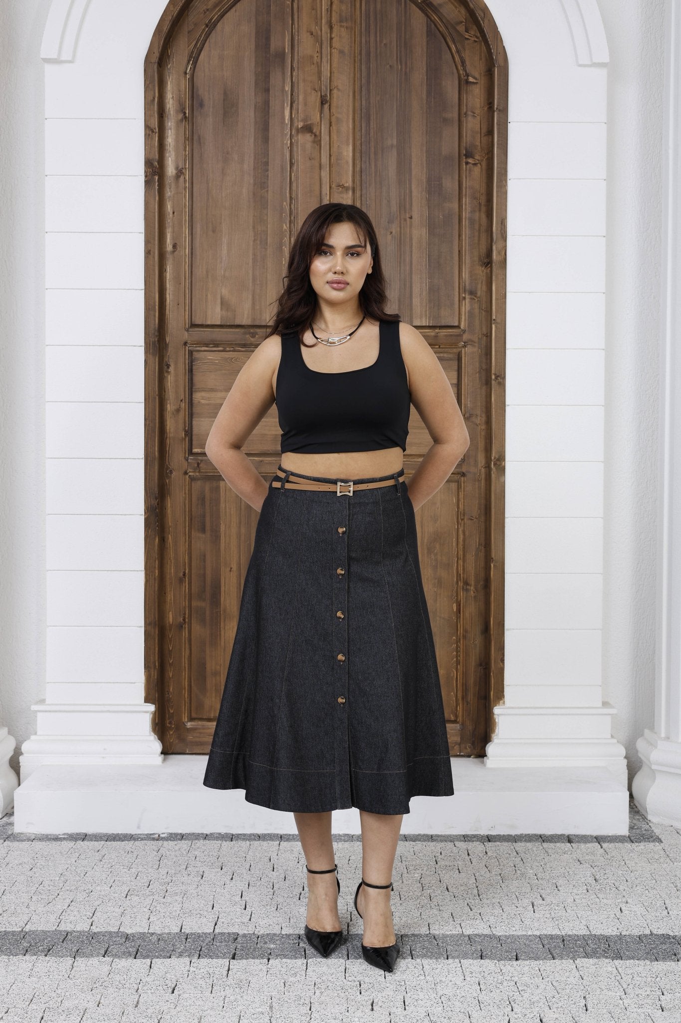 Wholesale Women's A-Line Button-Front Midi Skirt with Belt - Elitline Black Color Front View 5