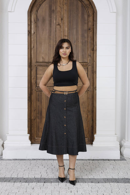 Wholesale Women's A-Line Button-Front Midi Skirt with Belt - Elitline Black Color Front View 5
