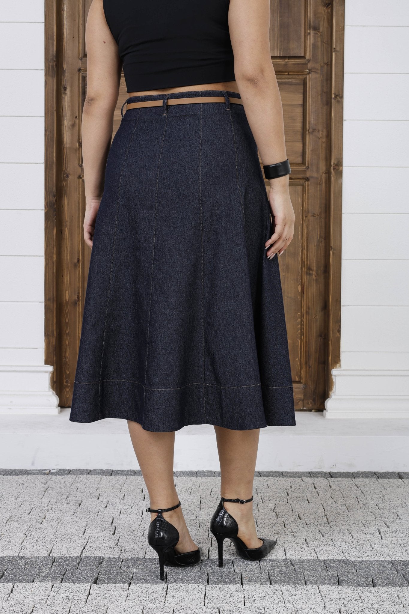 Wholesale Women's A-Line Button-Front Midi Skirt with Belt - Elitline Navy Blue Color Back View 