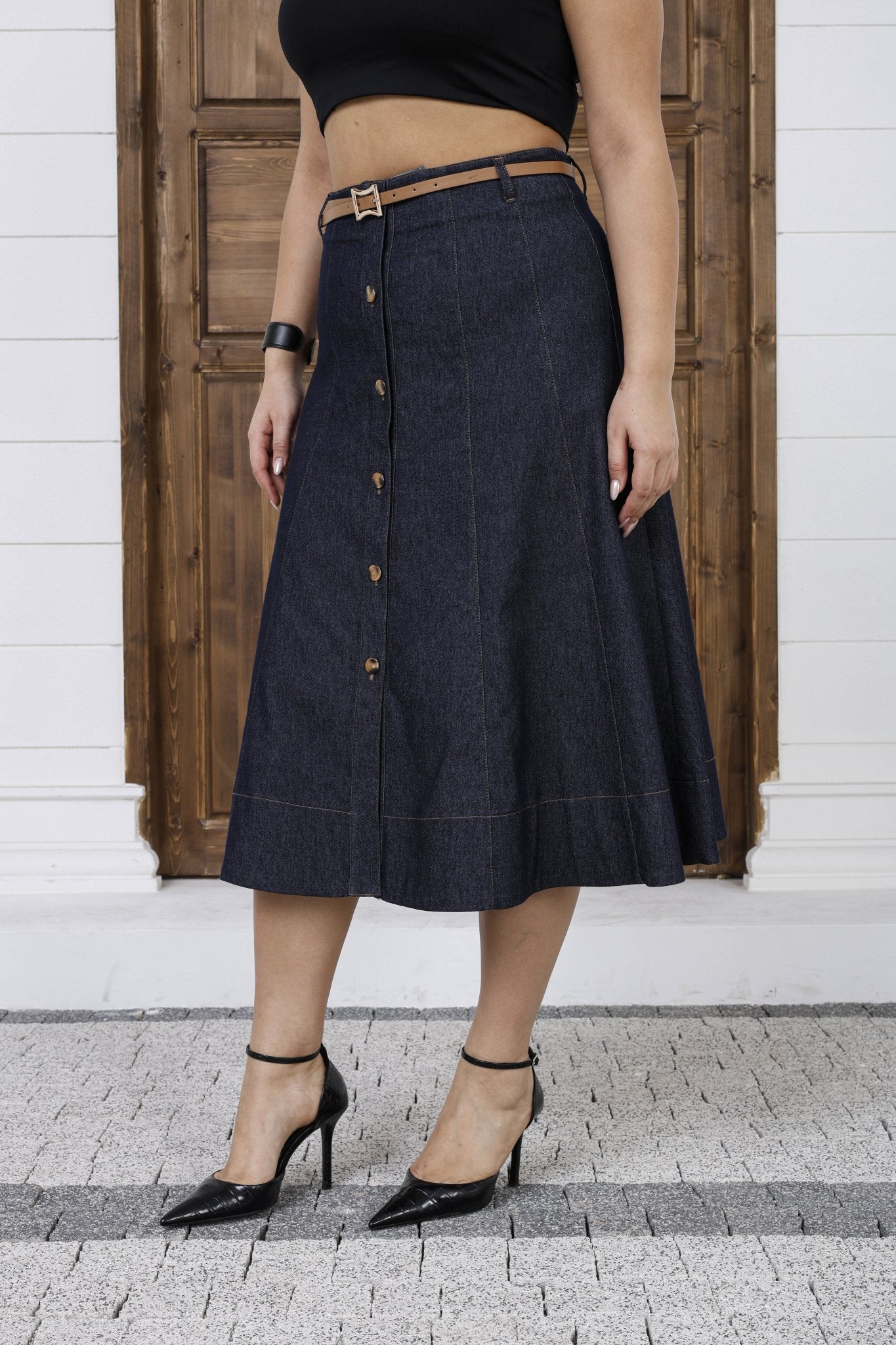 Wholesale Women's A - Line Button - Front Midi Skirt with Belt - Elitline - Elitlineglobal